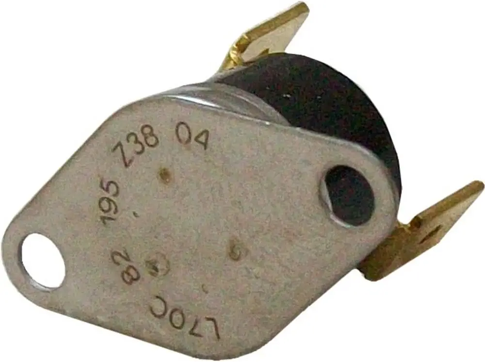 Thermosicherung von Bosch mit einem Metallrahmen und Anschlüssen. Die Komponente ist oval geformt und hat eine schwarze Kappe.